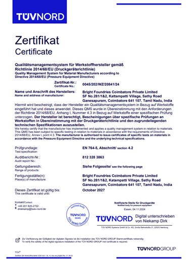 PED Certificate -Tuv Nord